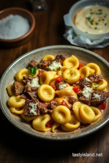 Cheesesteak Tortellini in Rich Provolone Sauce presentation